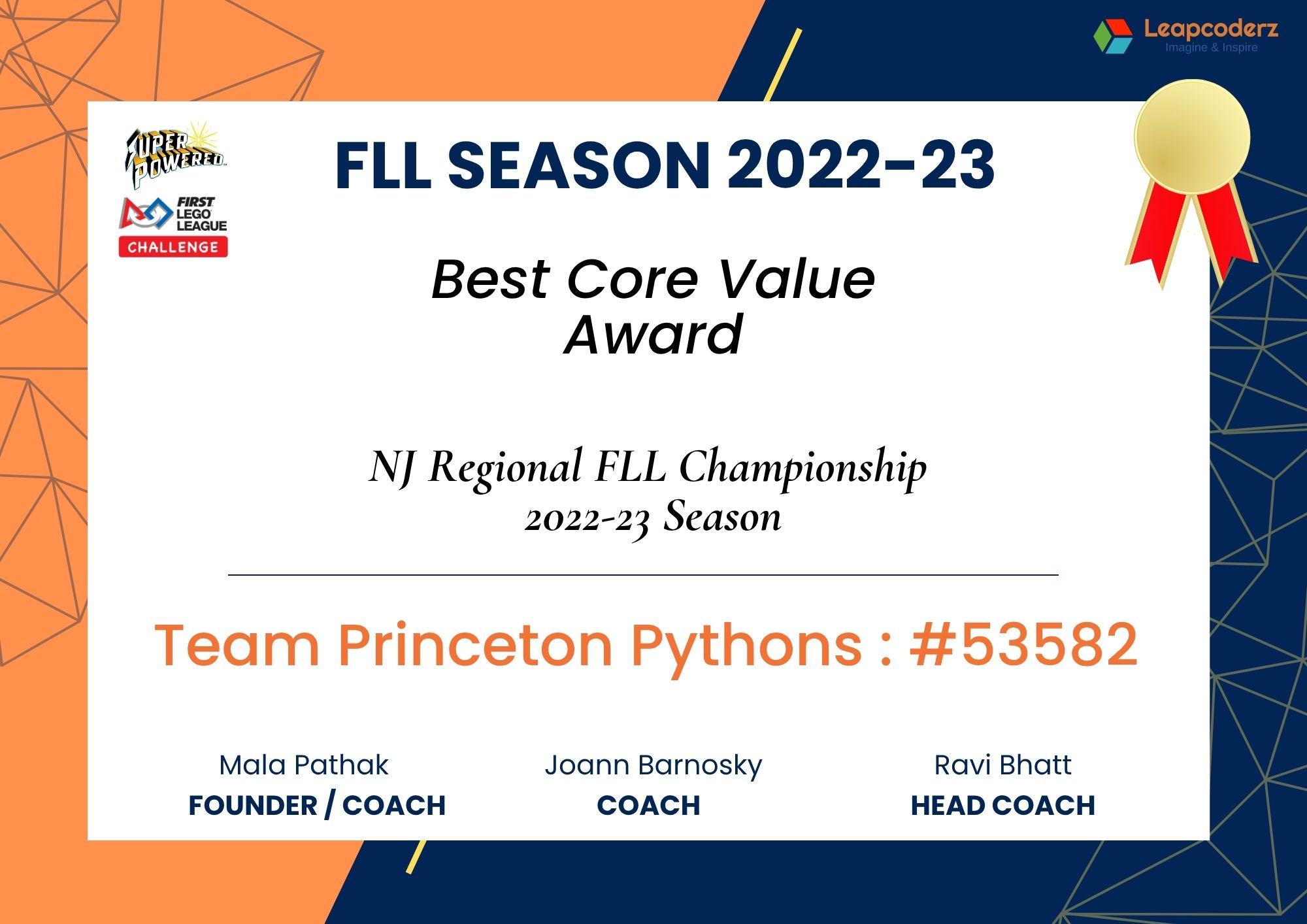 Best Core Value Award FLL Season 2022-23 LeapCoderz