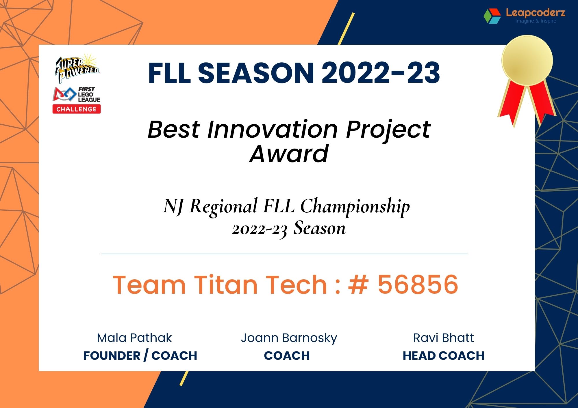 Best Innovation Project Award FLL Season 2022-23 LeapCoderz