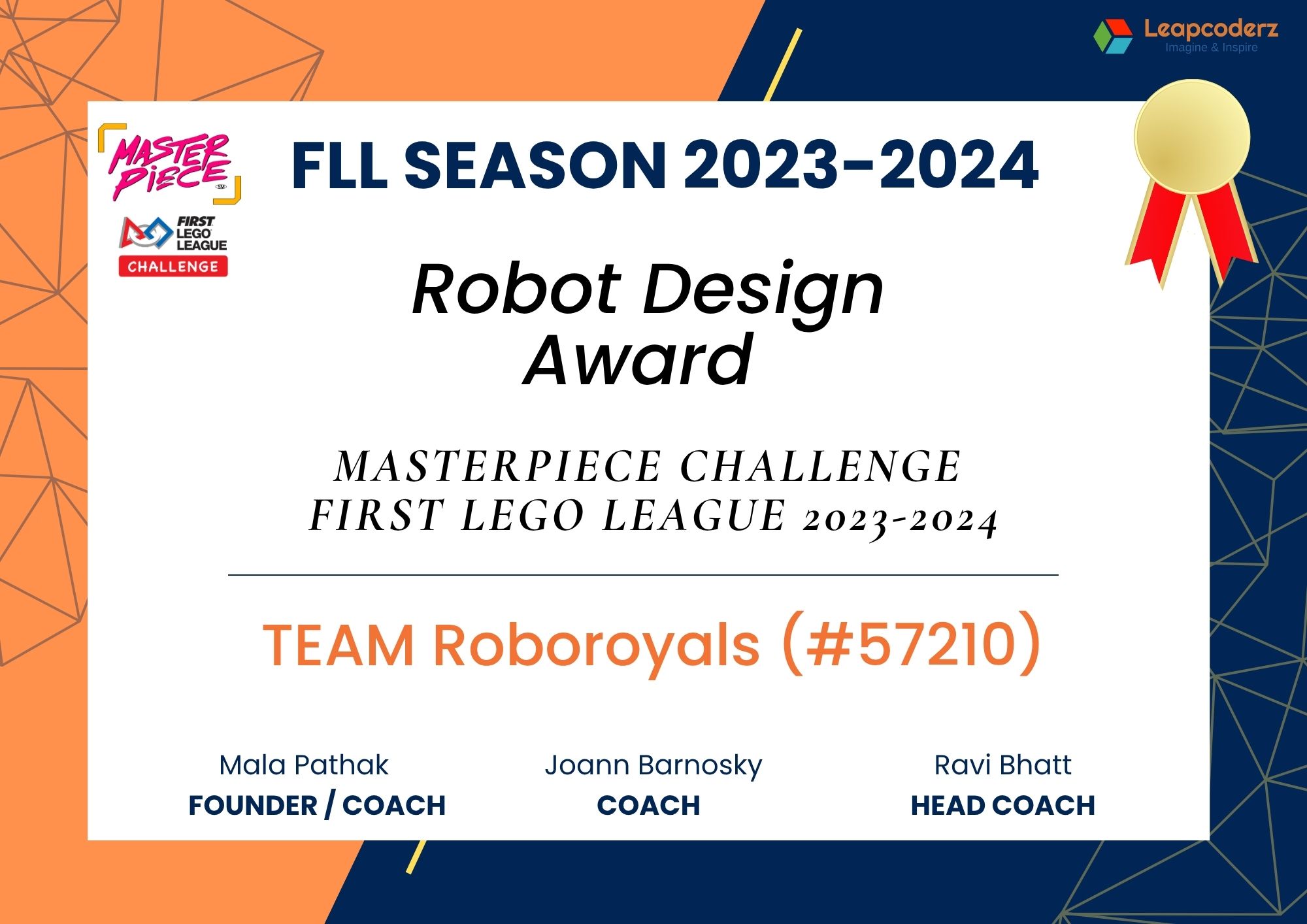Best Robot Design Award FLL Season 2023-24 LeapCoderz
