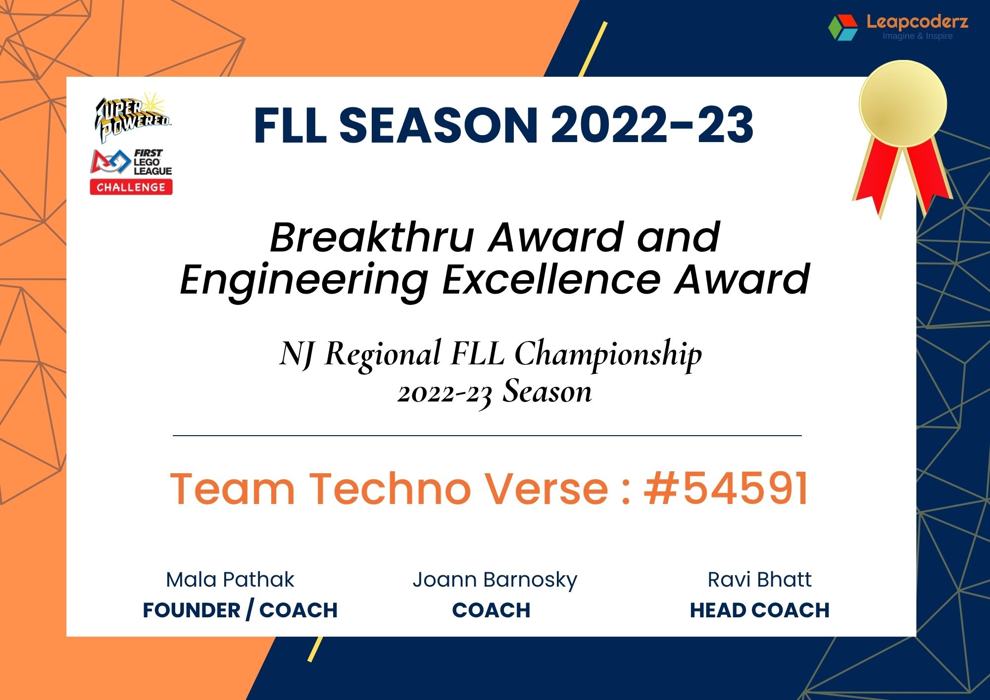 Breakthru Award and Engineering Excellence Award FLL Season 2022-23 LeapCoderz