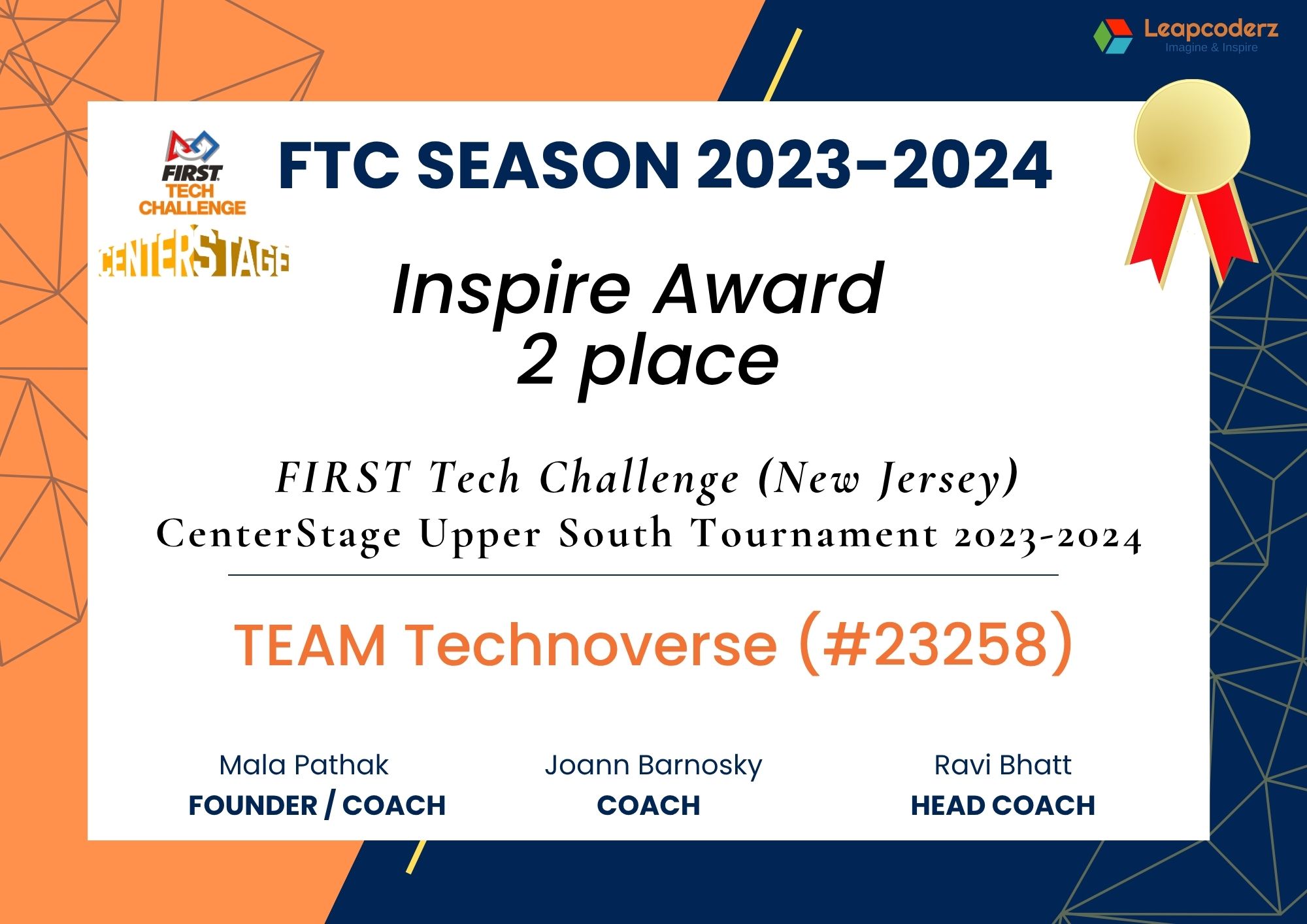 Inspire Award 2nd Place FLL Season 2023-24 LeapCoderz