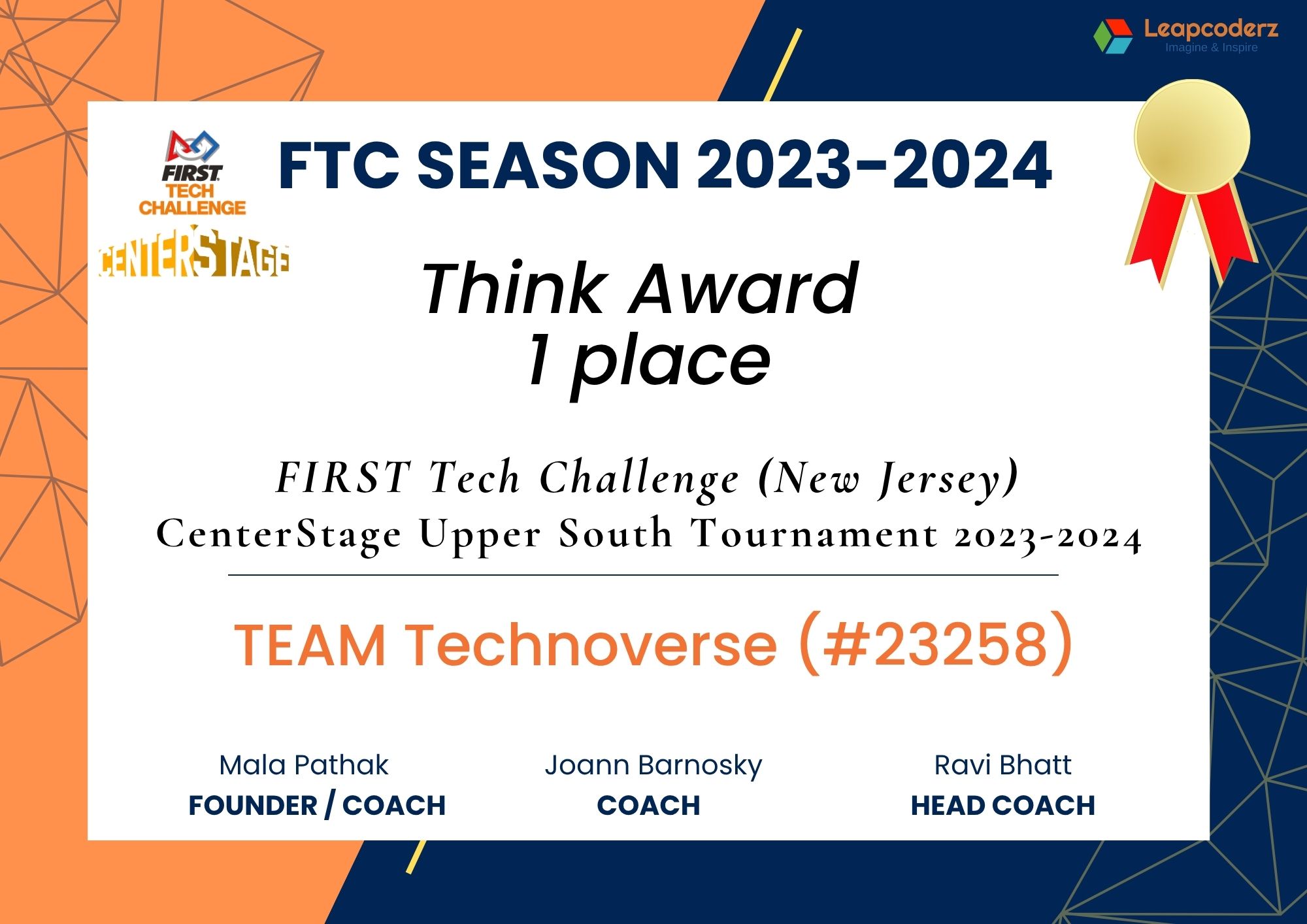 Think Award 1st Place FLL Season 2023-24 LeapCoderz